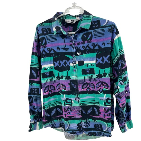 Krazy Kat 80s abstract art to wear long sleeve button up cotton casual vintage L - Picture 1 of 7
